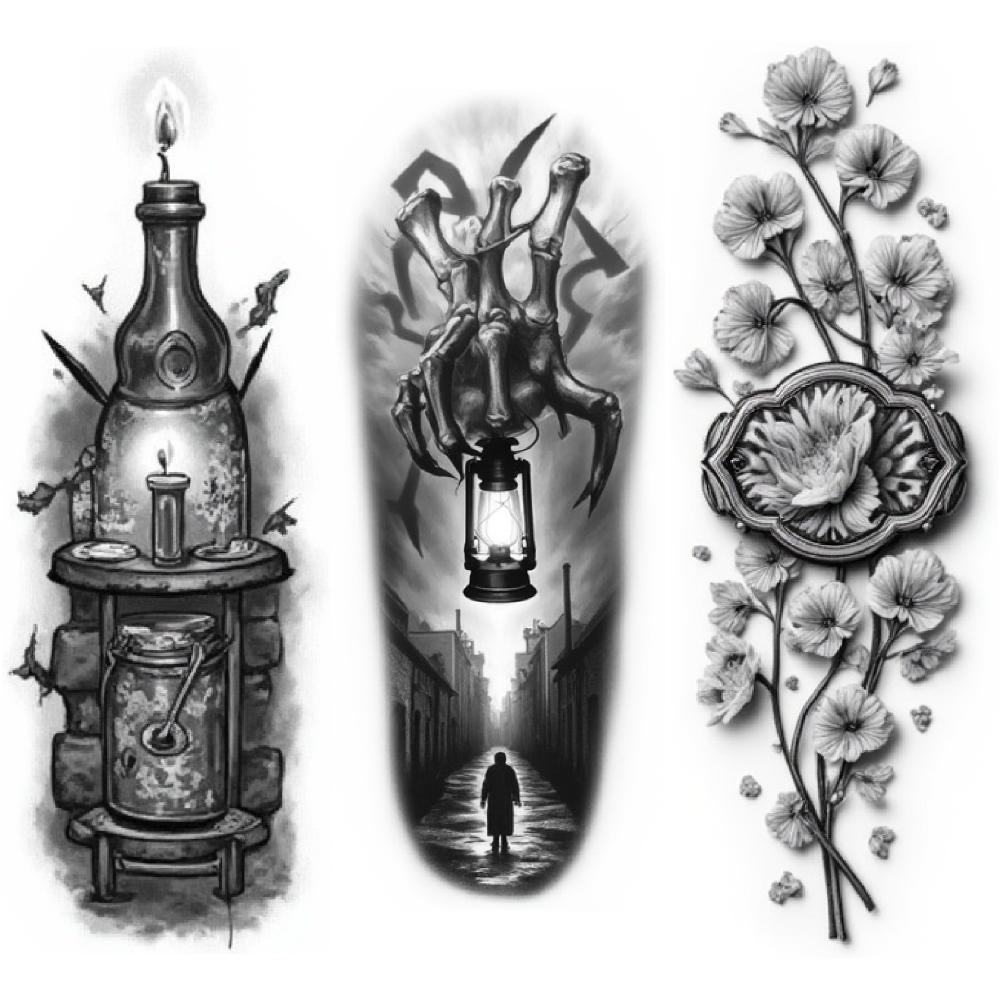 3pcs Temporary Tattoo Black And Grey Realism Horseshoe Desert Landscape Saddle For Men Adults Women