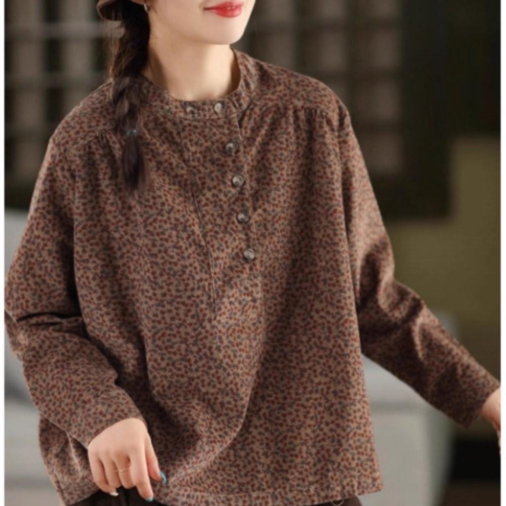 Johnature Cămăși Topuri Vintage din Catifea pentru Femei cu Guler Înalt și Mânecă Lungă Toamnă Stil Chinezesc Cămăși Femeie