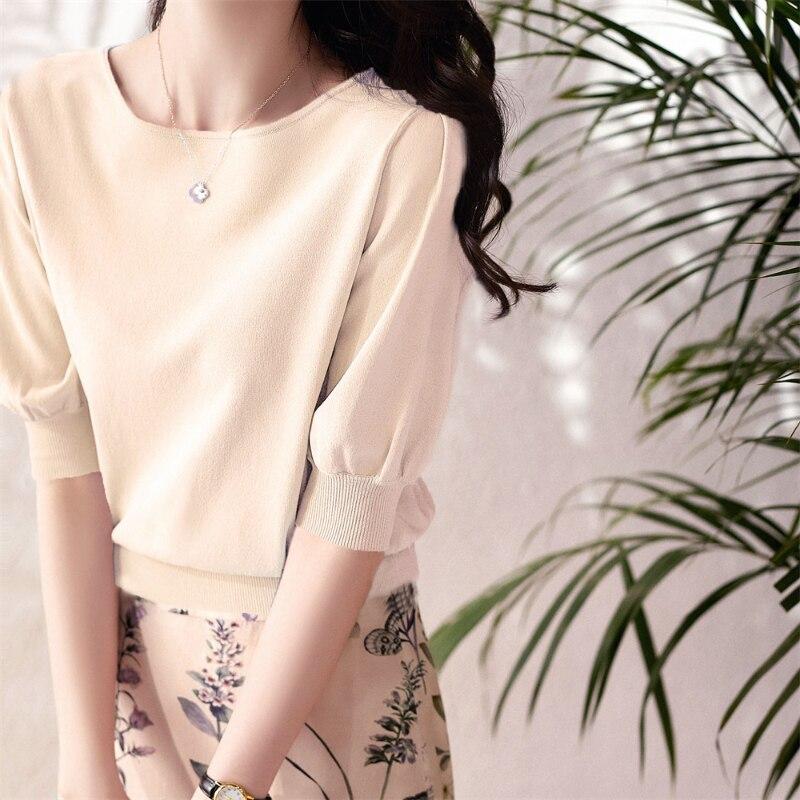 

Весенне-осенний однотонный повседневный легкий трикотаж, женские свитера с короткими рукавами, футболки, пуловеры, топы, свободные эластичные рубашки с круглым вырезом L жёлтый