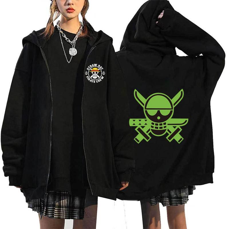 Mens Oversized Hooded Zip-Up Sweatshirt With One Piece Anime Print Plus Size Fleece-Lined Casual Jacket Fall