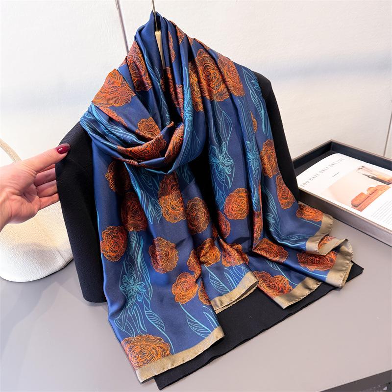 Spring And Summer Thin Print Simulation Silk Brocade Sunscreen Light Rhyme Blue Flower Silk Scarf Long Scarf Shawl Versatile Headscarf Scarf
