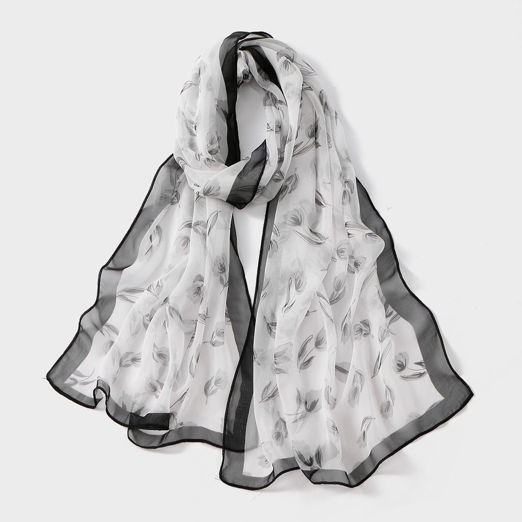 Woman Floral Printed Chiffon Silk Scarf Spring Summer Shawl Light Thin Scarves Sun Protection Wrap Ladies Beach Headband