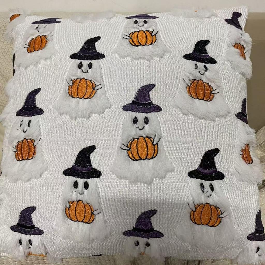 Halloween Short Plush Pillowcase Cover Pumpkin Ghost Bat Festival Decorative Cushion 45x45cm