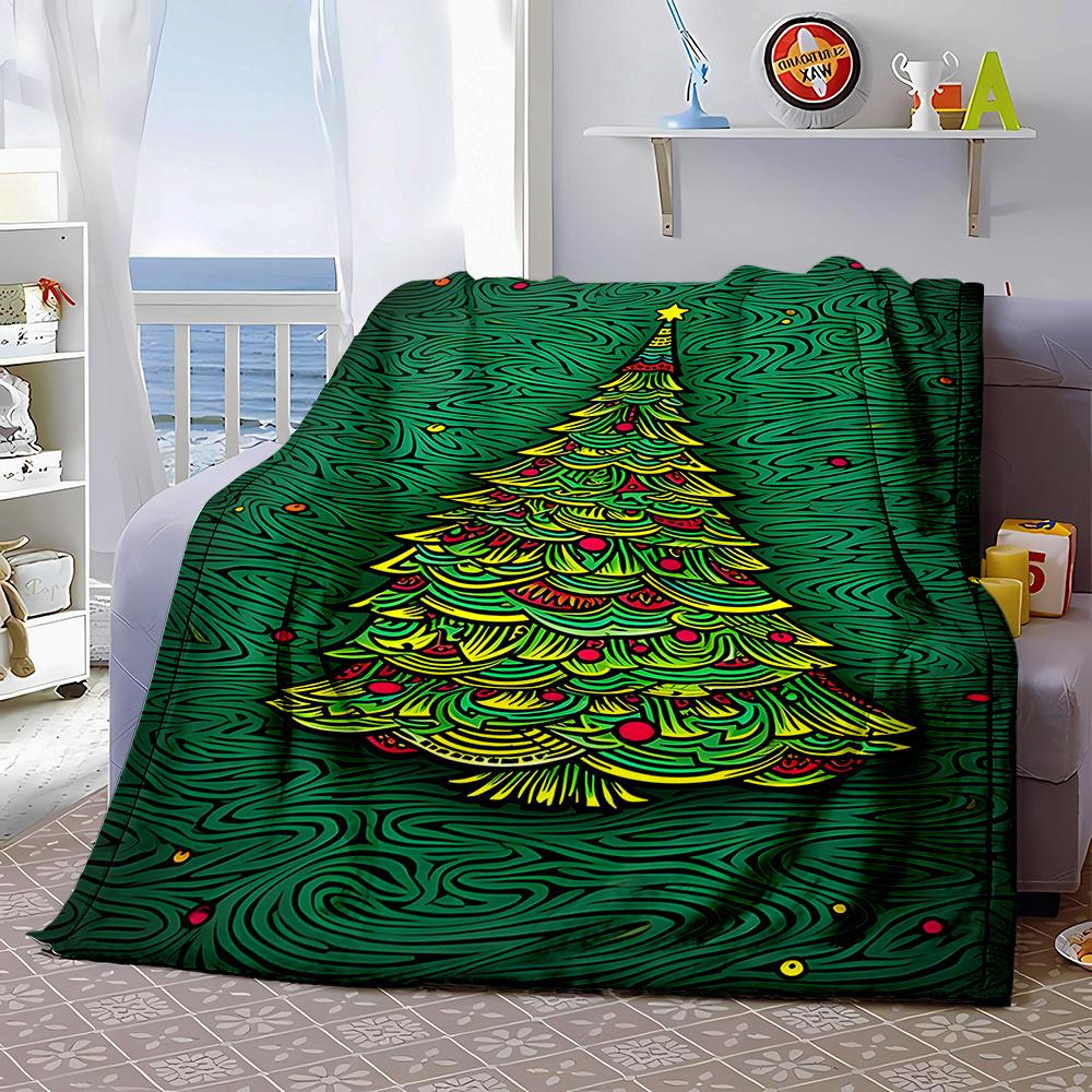 Christmas Tree Print Flannel Throw Blanket - Contemporary Style, Digital Printing, Non-Woven Polyester, All-Season Comfort, Reve