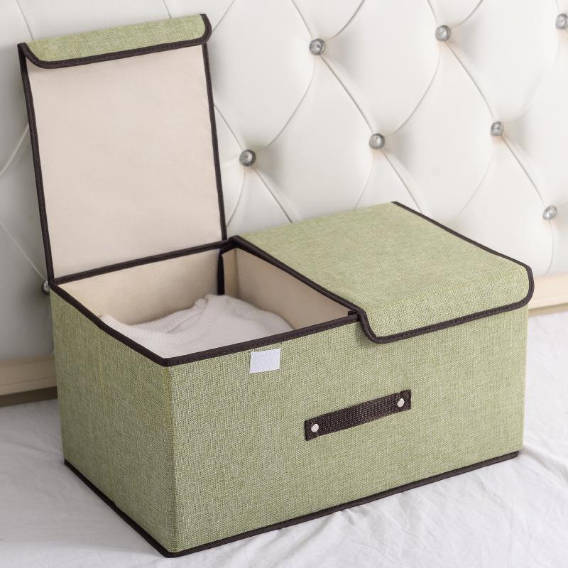 Foldable Cotton & Linen Large Storage Box with Double Lid for Miscellaneous Items and Underwear.