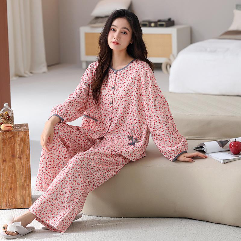 Pajamas Women's Spring and Autumn Woven Cotton Gauze Long-sleeved Small Floral 1011 New Pure Cotton Autumn Thin Loungewear