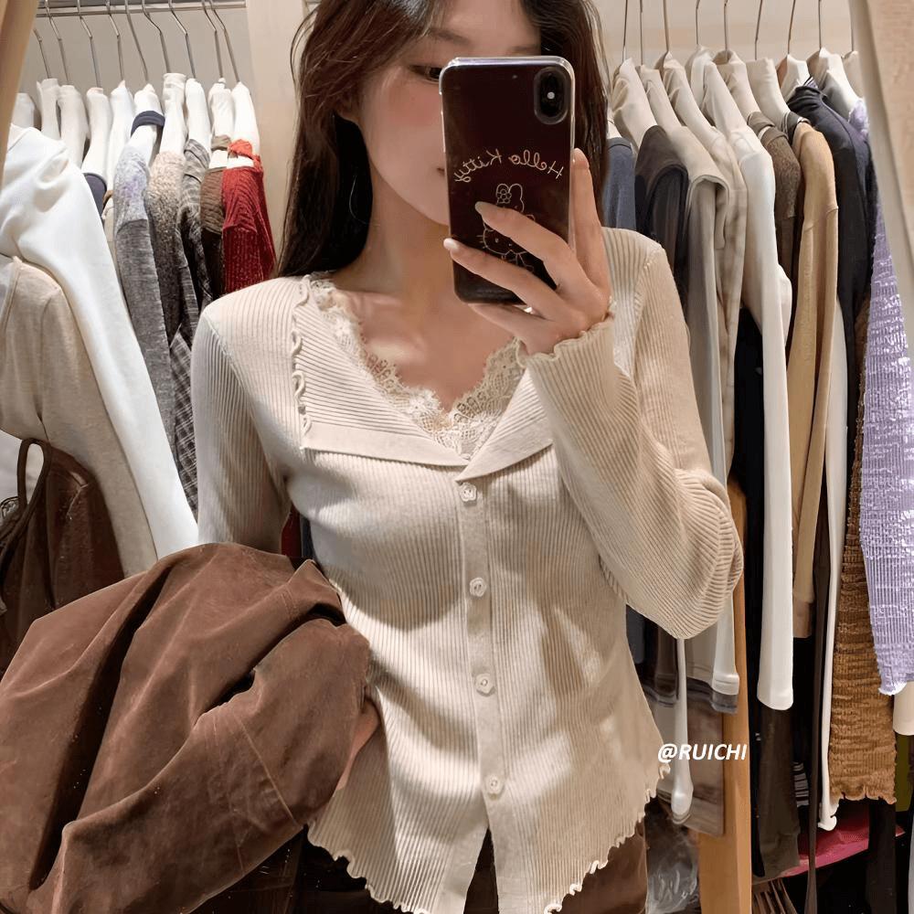 1116 Korean new V-neck lace splicing lapel short long-sleeved slim-fit knitted cardigan top women