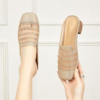 Damen Sommer Neue Blockabsatz Netz Halbschuhe Weiche Sohle Atmungsaktiv Baotou Hohl Aus Outdoor Moderne Hausschuhe Kitten Sandalen