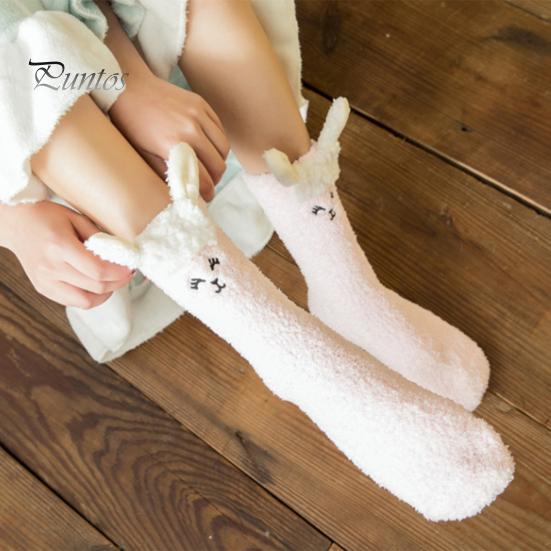Mid Calf Socks 1 Pair Adults Cartoon Cat Rabbit Alpaca Giraffe Chick Fuzzy Fluffy Thickened Coral Fleece Stretchy Keep Warm Autumn Winter Floor