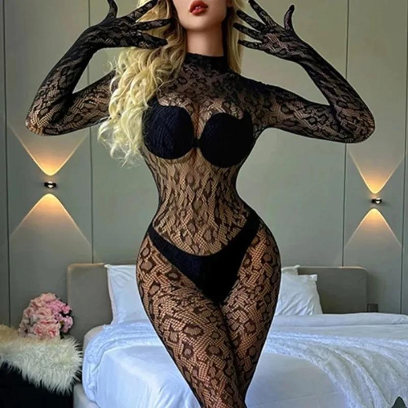 Sexy Lingerie Leopard Mesh Bodystockings Fishnet Jumpsuit Hollow See Through Tight Erotic Pajamas Elastic Night Club Underwear