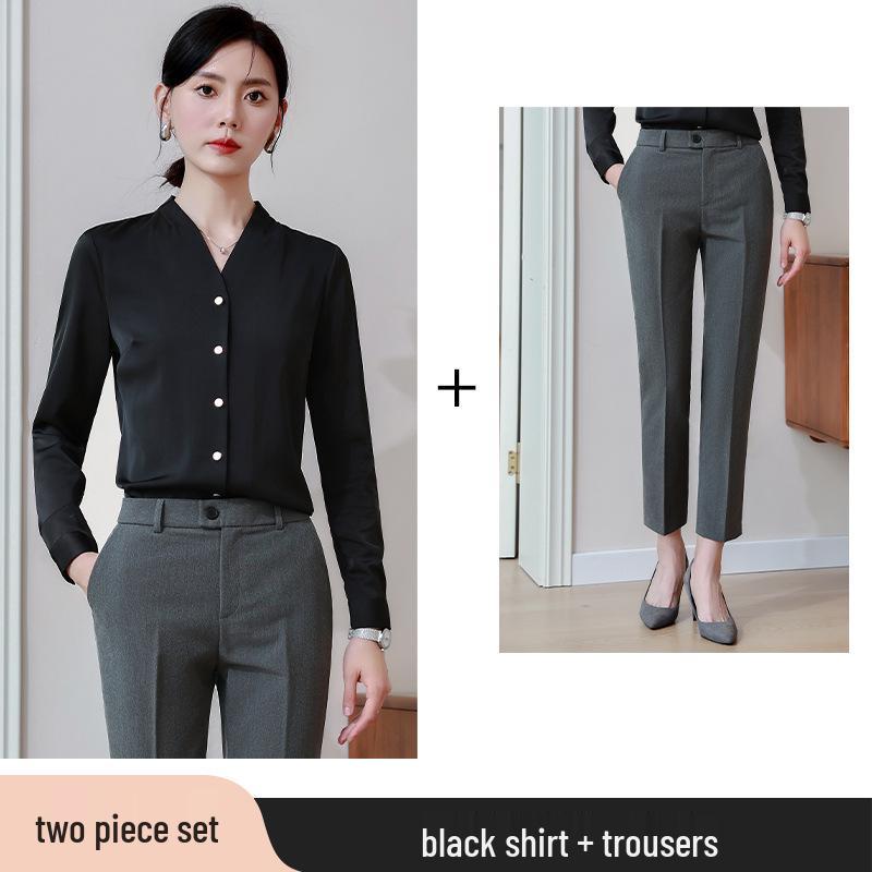 Women's Retro Hong Kong V-Neck Chiffon Shirt - Long Sleeve, Loose Fit, Stylish Workwear for Spring/Autumn