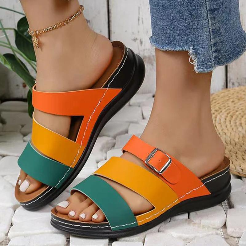 Fashion Mix Color PU Leather Wedge Sandals for Women 2025 Summer Comfort Non Slip Beach Slides Woman Fashion Buckle Platform Slippers 43