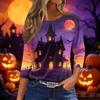 Women’s Casual Loose Fit Round Neck Three Quarter Sleeve Shirt with Halloween Pumpkin Print Tie Dye Pattern for Everyday Wear