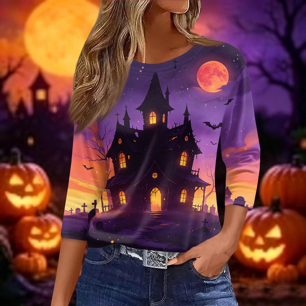 Women’s Casual Loose Fit Round Neck Three Quarter Sleeve Shirt with Halloween Pumpkin Print Tie Dye Pattern for Everyday Wear