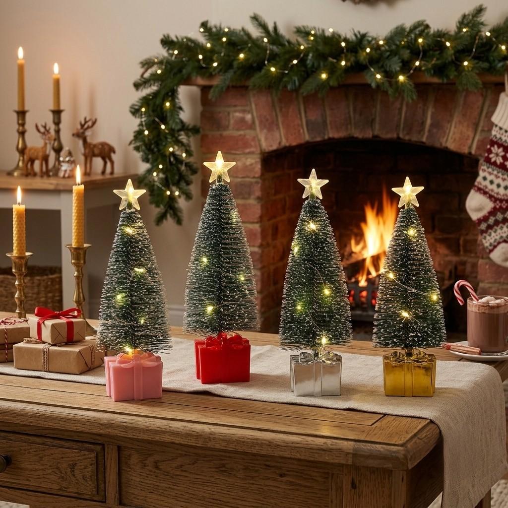 Mini Light Up Tabletop Christmas Tree Set with Snow Flocked Pine Gift Box Base Warm White Color Changing LED Small Holiday Decoration for Home Off