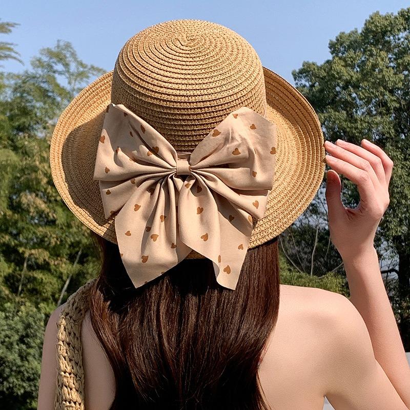 Summer Bow Sun Hat Female, Seaside Beach Vacation Sun Hat Outdoor Big Brim Sun Hat Sweet Straw Hat