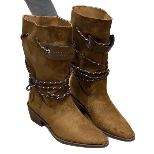 Retro Thick Heel Brown Suede Medium Tube Stacking Boots Women's 2025 New Temperament Thin Single Boots Thick-soled Western Boots