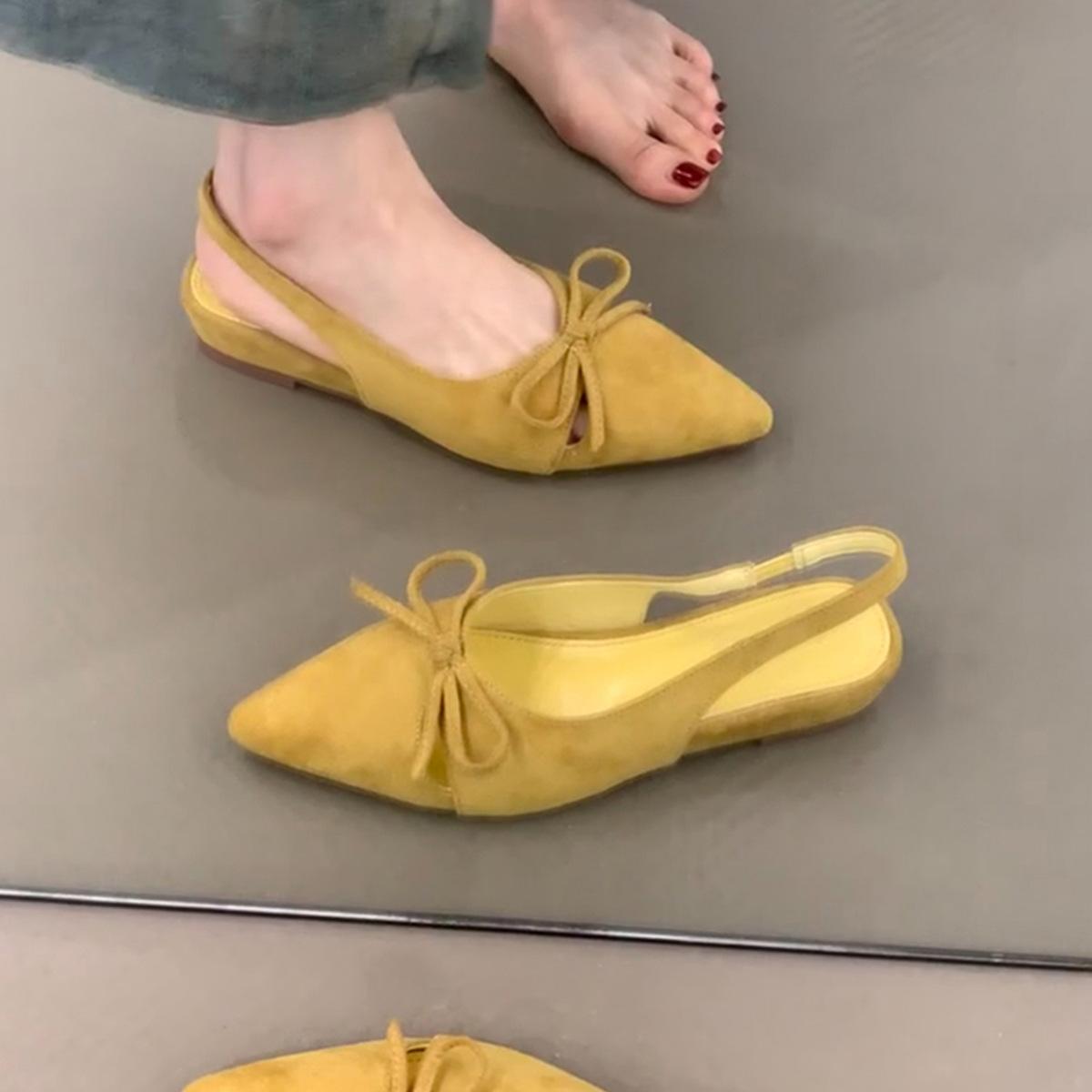 

Soft leather version~ French retro bow hollow sandals, one-pedal pointed temperament with skirt wedge heel bag head shoes 35
