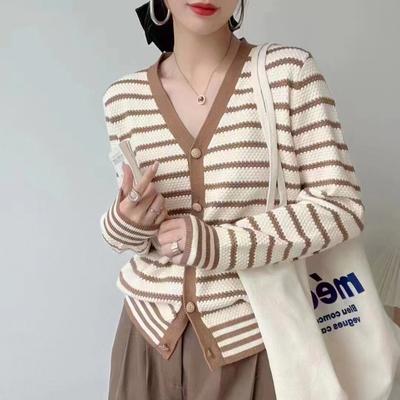 Sweater Women's Autumn and Winter New Striped Knitted Cardigan Small Fragrance Slim Fit V-neck Long Sleeved Jacket Trendy