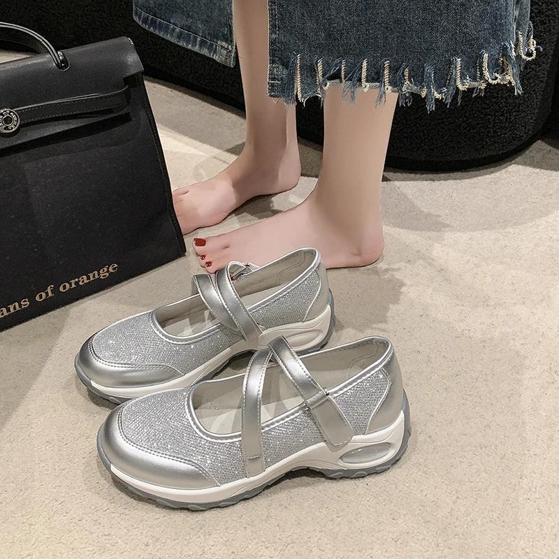 Fashion Women's Platform Sandals Fashion Sequins Fabric Shallow Mesh Casual Shoes Thick-soled Cushion Sports Shoes Daily Walking Shoes