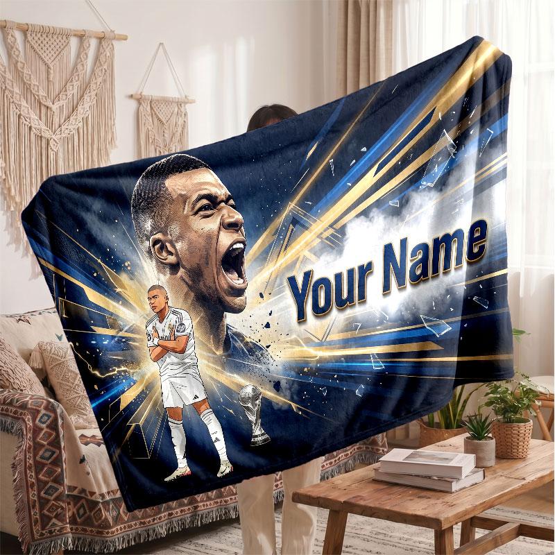 Kylian Mbappe Personalisierte Fleecedecke Mit Fußballlogo, Individueller Name Text Weich Warm Wohnzimmer Überwurfdecke
