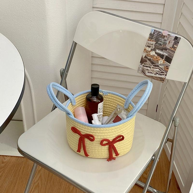 Cute Crochet Storage Basket With Lid - Woven Cotton Home Organizer Bin, Decorative Desktop Dustproof Box For Trinkets & Crafts