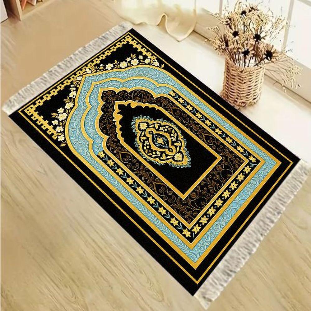 Tapis de prière islamique Bleu Or Traditionnel Motif Floral Tapis Musulman avec Pompons pour la Salah