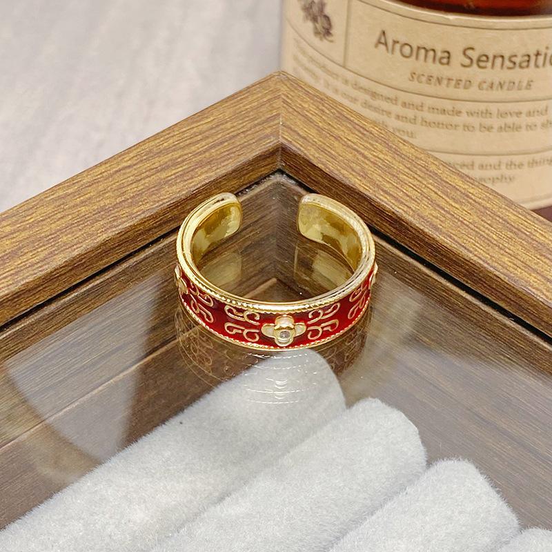 Medieval Vintage Colored Enamel Flower Butterfly Opening Ring Female Retro Niche High-End Light Luxury Ring