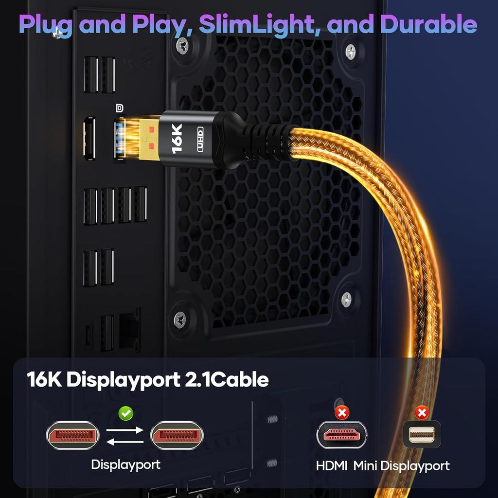 VESA Certified 16K Displayport Cable 2.1 DP 2.1 Cable 16K@60Hz, 8K@120Hz Support 80Gbps HDR, HDCP DSC 1.2a  For G-Sync Gaming Monitor 4090 7900xtx