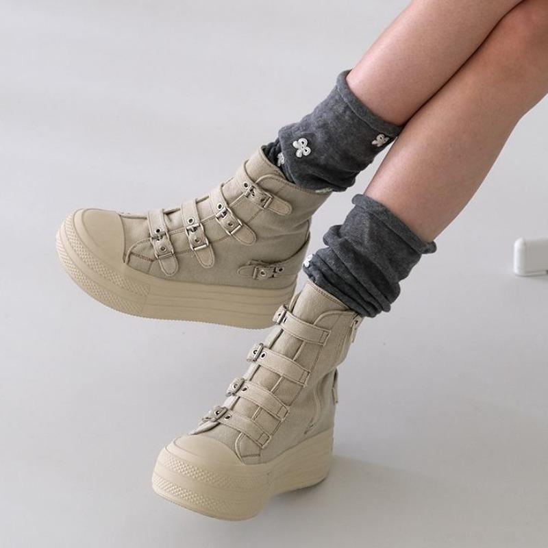 Damskie Buty na Platformie z Płótna Codzienne Outdoorowe Wszechstronne Trampki Wzór z Klamrą Wysokie Buty Modne Buty na Zamek Damskie Botki