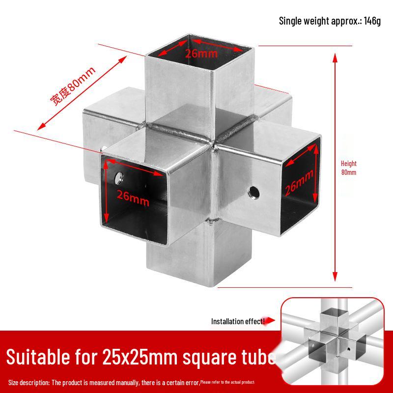 Złącza do kwadratowych rur ze stali nierdzewnej 25x25mm: Trójnik 90°, Czterodrogowy, Złączki bez spawania