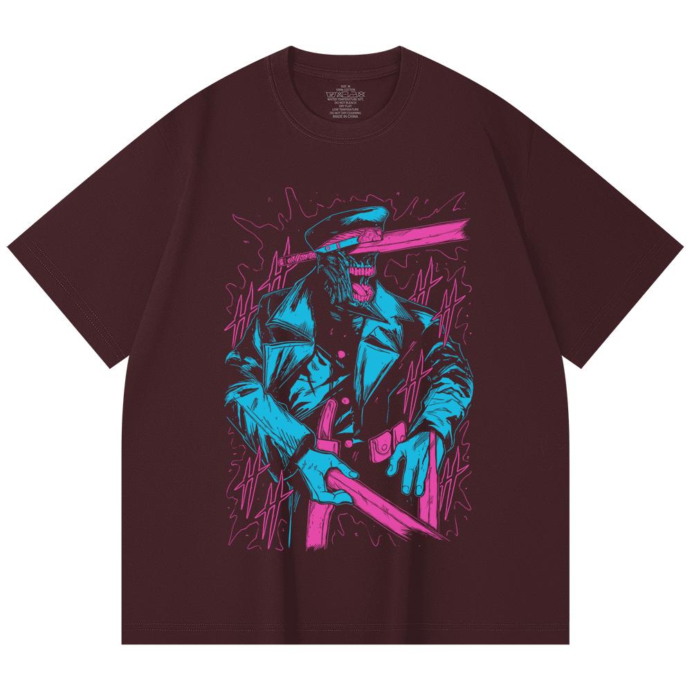 

230 Gsm 100% Cotton Chainsaw Man V11 Katana Man Print Unisex Heavy Cotton T Shirt 2XL вина червоного кольору