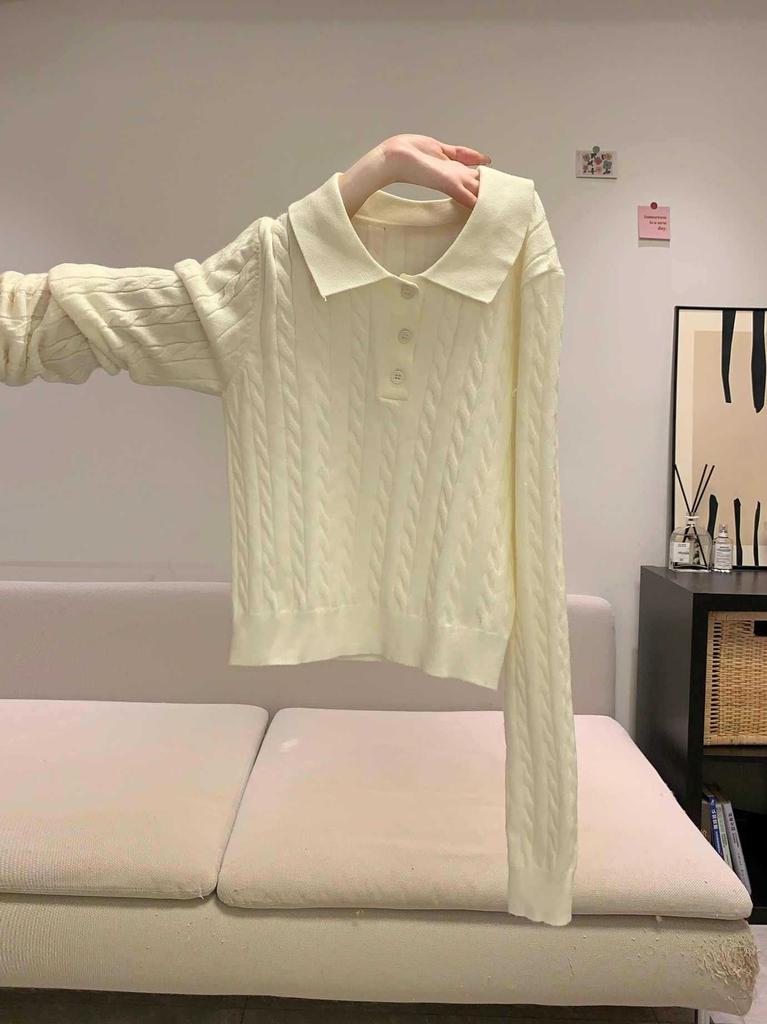 Twist Polo Lapel Button Wool Top Women's Early Autumn Slim-fit Inner Sweater Bottoming Sweater Knitted Sweater