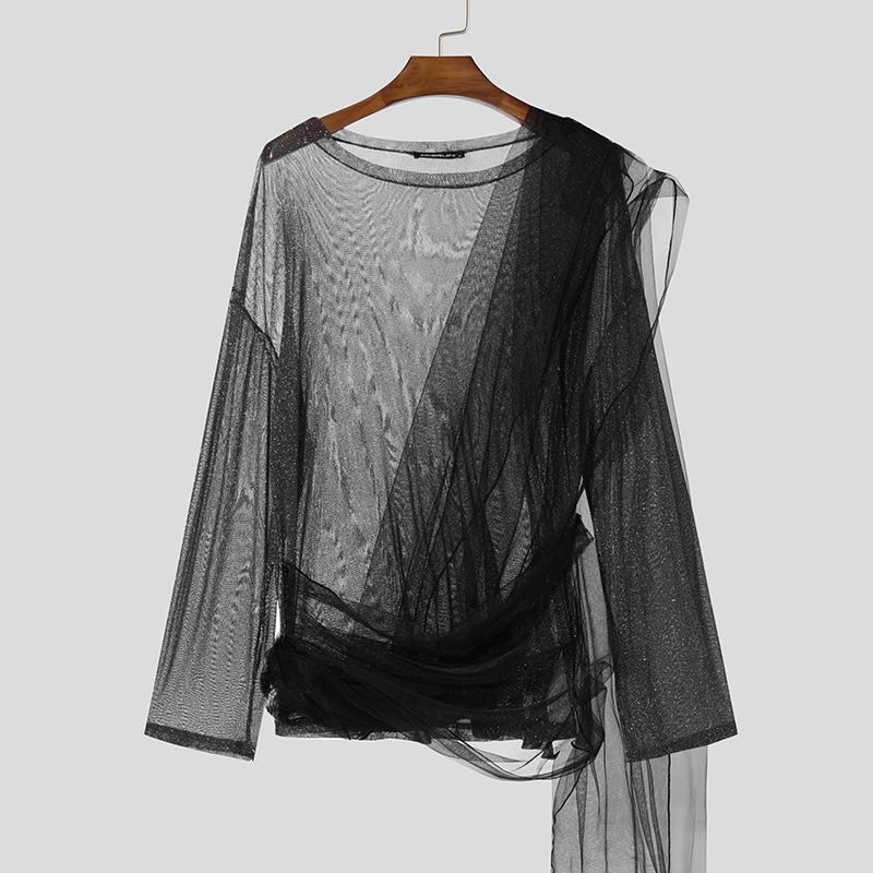 

INCERUN Мужские блестящие прозрачные свободные рубашки с длинным рукавом, топы в стиле пэчворк с длинными лентами 2XL чёрный