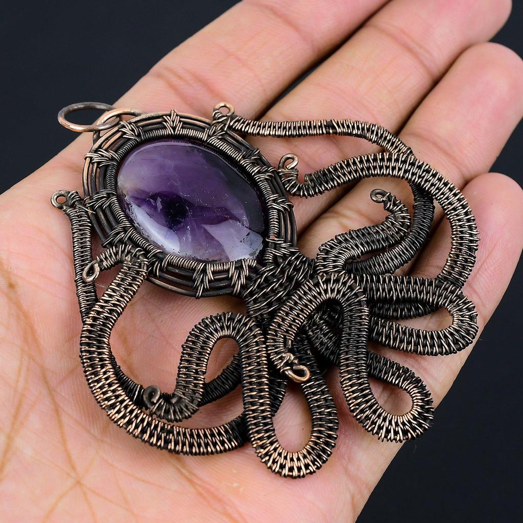 Amethyst Octopus Shape Gemstone Pure Copper Wire Wrapped Handmade Pendant Jewelry