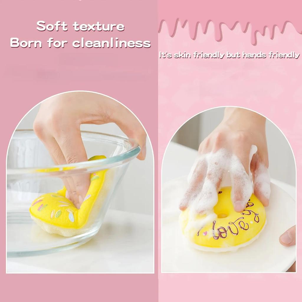 5Pcs Kitchen Sponge Brush Set, 4 Donut Shaped Dishwashing Sponges with 1 Suction Cup, Multi-Functional Scrubber for Pots