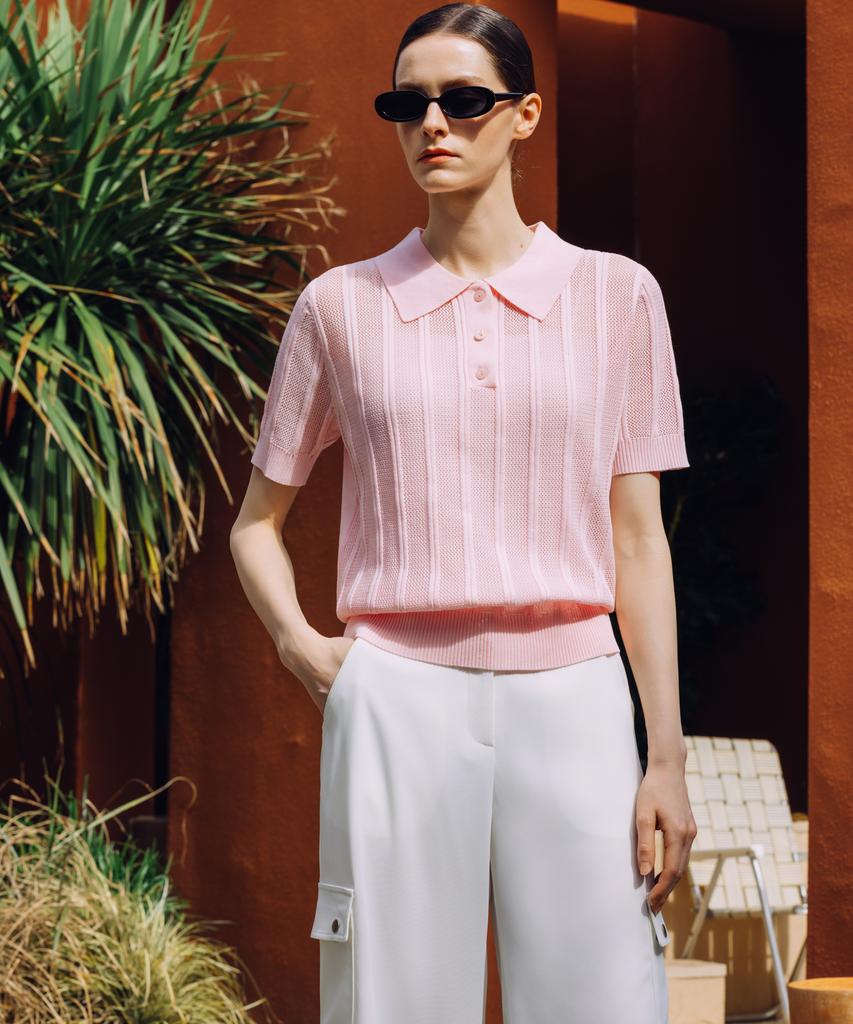 OBER GOLF Airy Stripe Collar Knit (Pink)
