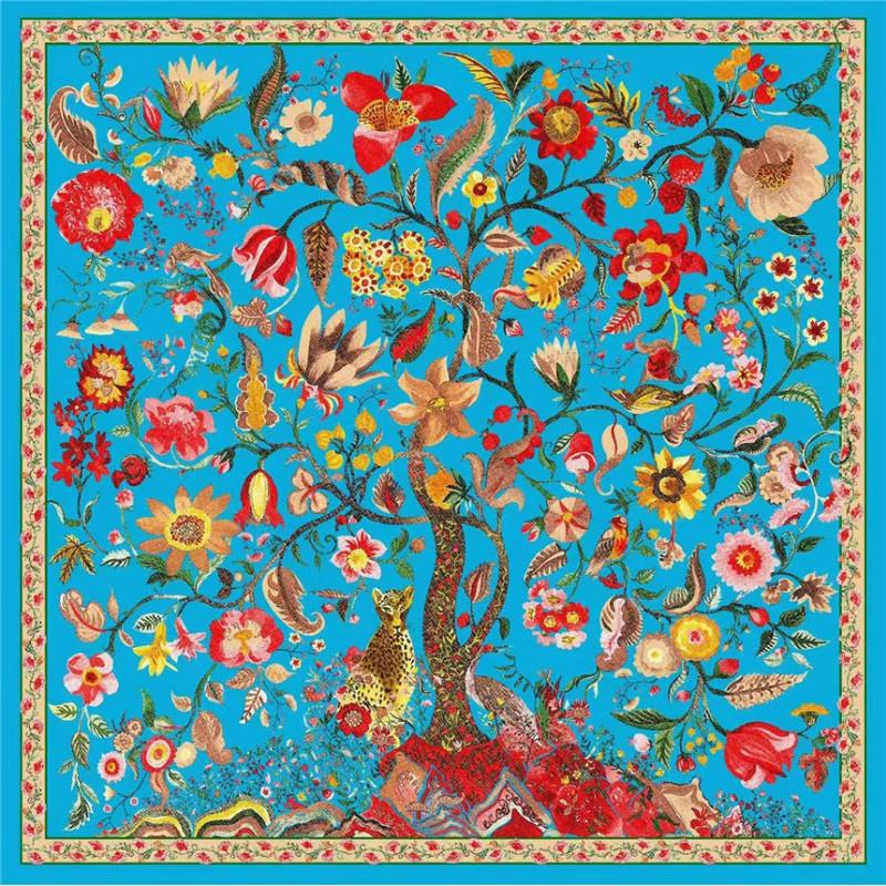 POBING Silk Scarf Women Large Shawls Animals Life Tree Print Stoles Square Bandana Luxury Kerchief Hijab Female Foulards 130CM