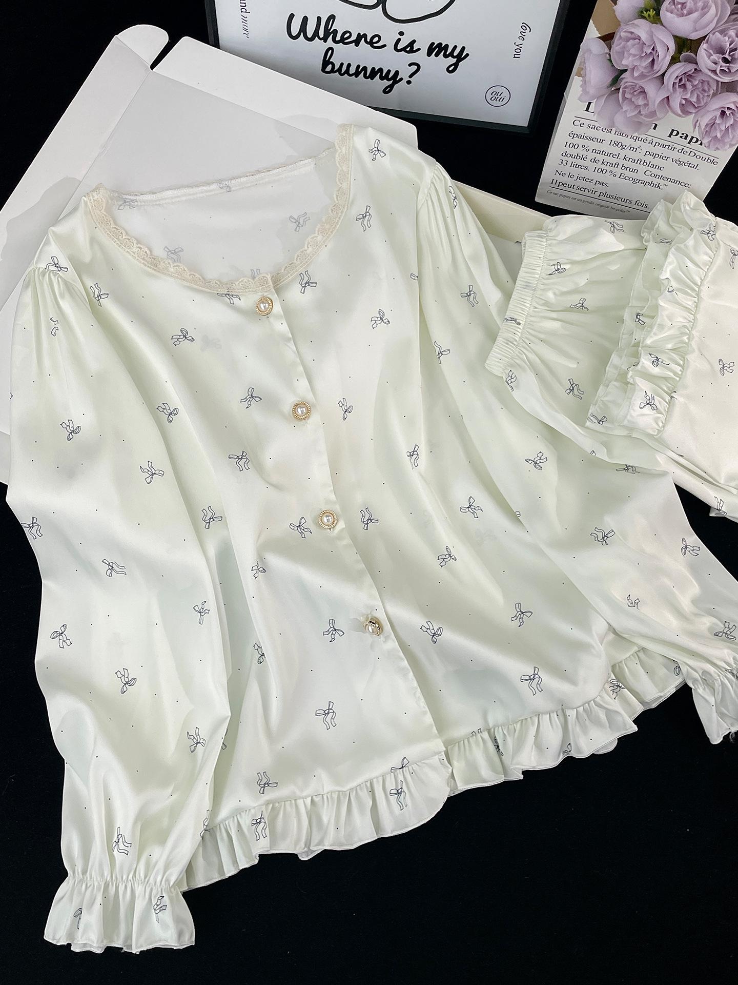 

26-Year Satin Ice Silk Pajamas: Spring/Autumn Long Sleeve Women s Korean Style Round Neck Cardigan Home Set XL [60-68 kg]