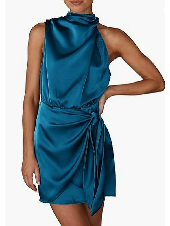 

Весеннее женское атласное коктейльное платье без рукавов с завязкой на талии, 2024 Medium павлин голубой