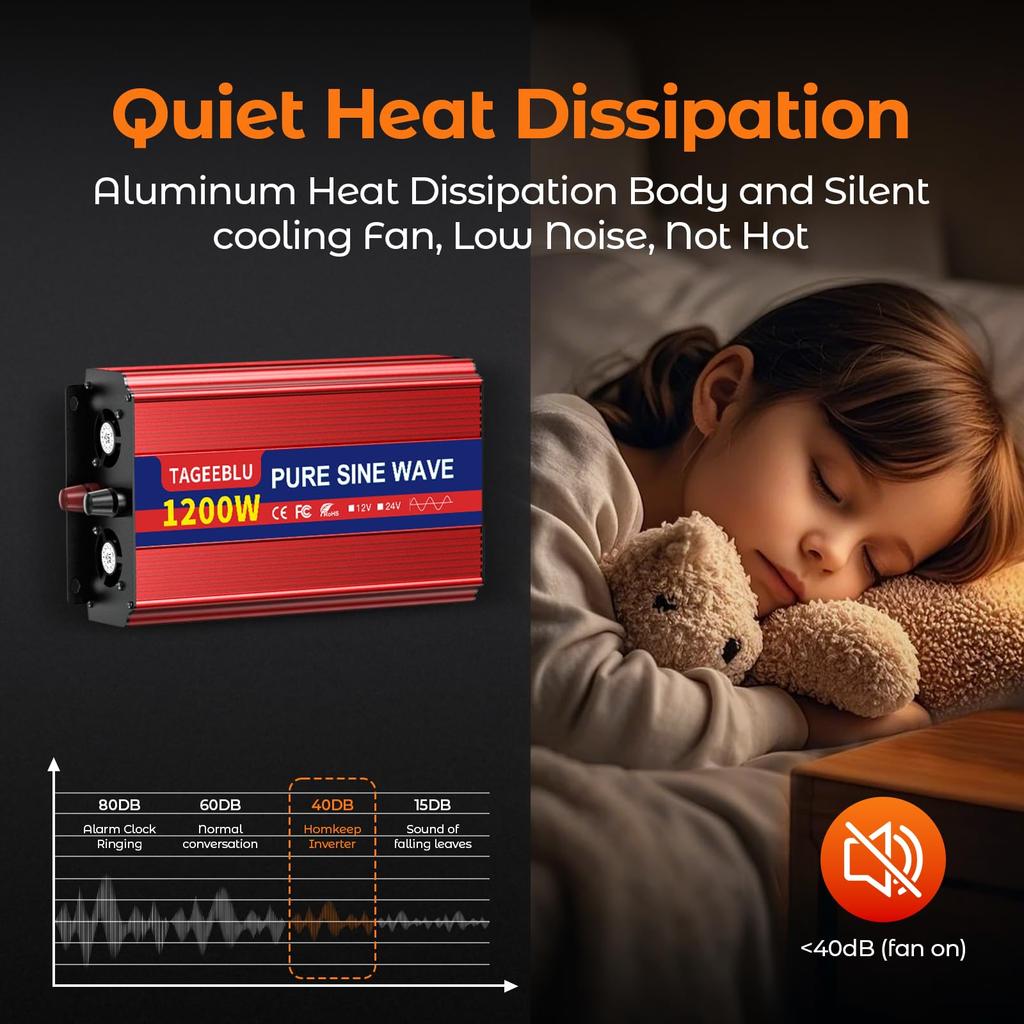 TAGEEBLU 1200W 24V Sine Wave 24V DC to 100V AC Car for Emergency Emergency Car and Campers Inverter, Inverter, 50/60Hz Switchable, Power,