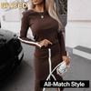 Women's Fashion Autumn Winter Solid Color Print O-Neck Long Sleeve Casual Dresses
