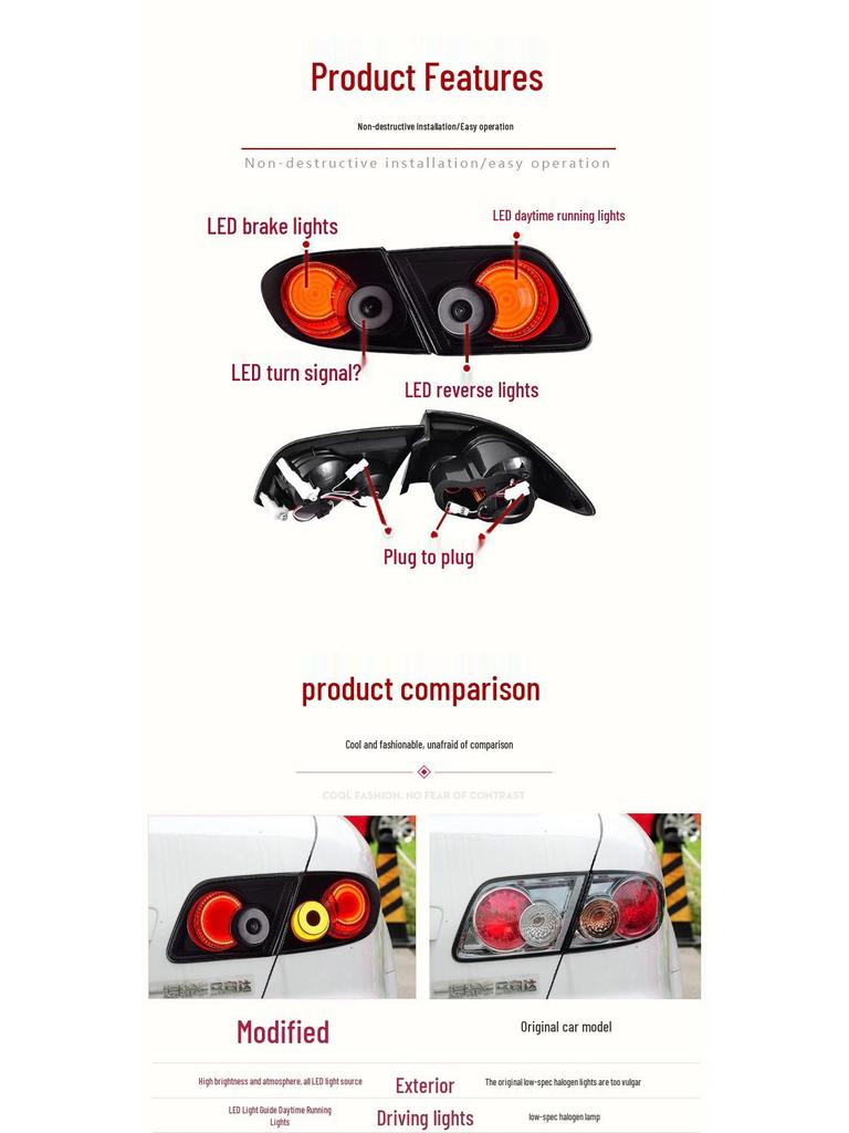 Compatible with 2003-2015 Mazda 6: Modified LED Rear Tail Lights with Daytime Running, Turn Signals, and Reverse Lights.