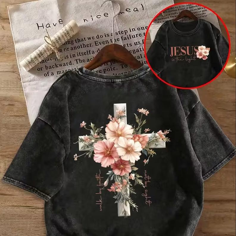 

Floral Christian Inspirational Quotes Bible Scripture Printed on Both Sides Round Neck Short Sleeved Shirt Gift for Women S