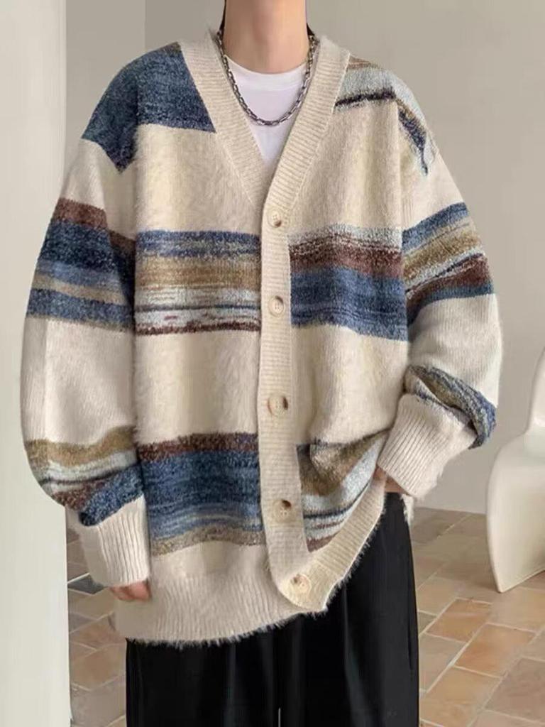 Cardigan Tricotat Unisex Retro Bloc de Culori Curcubeu
