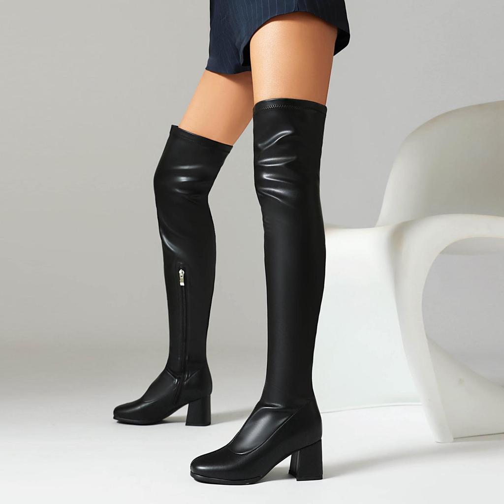 Krazing Pot PU Autumn Winter Shoes Thick High Heels Super Size Stovepipe Boots Round Toe Keep Warm Zipper Over-the-knee Boots
