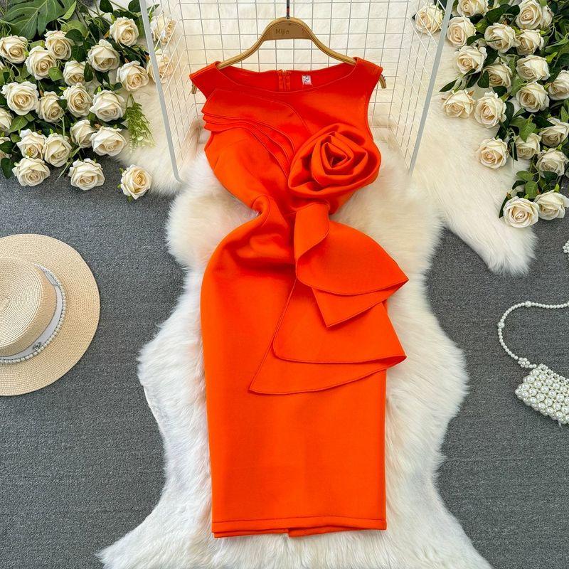 

Accessible Luxury Ladies Three-Dimensional round Neck Dress Dress Flowers Orange XL