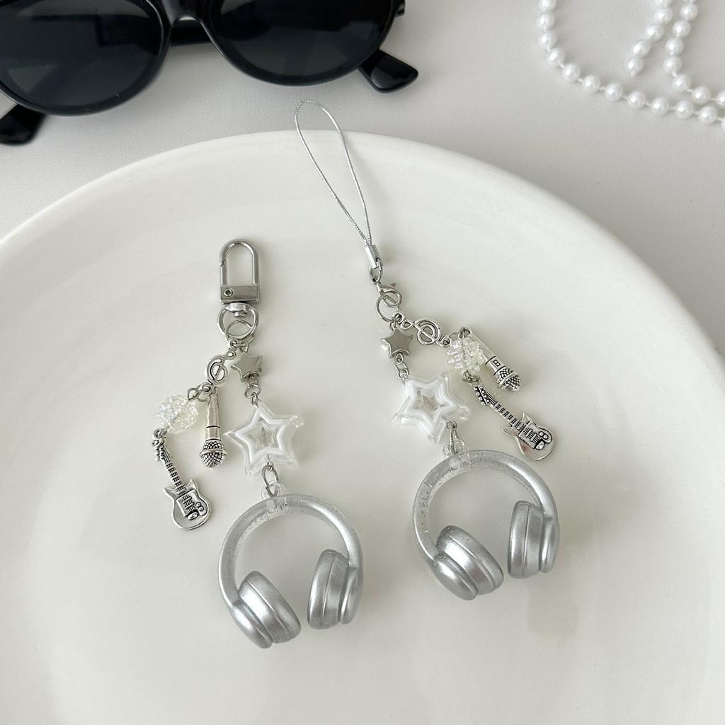 Glitter Earphone-shaped Cute Star Guitar Microphone Pendant Phone Chain Lanyard Girly Backpack Charms Bag Hanging Gifts Bag Charm