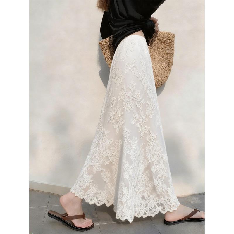 Summer Design, Chic Temperament, Pendant Feeling, White Lace Skirt, Women s High Waist and Thin A-shaped Long Skirt High Waist White Lace Midi Skirt S