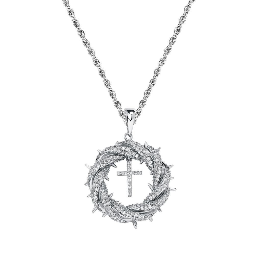 Creative Flower Twist Cross Micro-inlaid Copper Zircon Necklace Trend European and American Personality Hip Hop Pendant